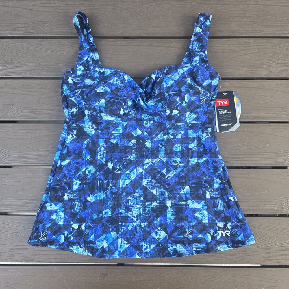 TYR Durafast Elite Women Makai Blue Twisted Bra Swim Tankini SZ 10 New